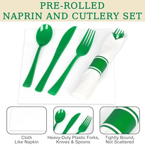 50 Pack Pre Rolled Green Plastic Silverware Set with Napkin - Image 5