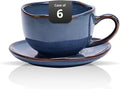 Organic Shape Highland Ceramic Coffee Cup and Saucer, 6pcs 8oz Handmade Reactive Glaze Saucer Sets with Wavy Edge, for Kitchen, Microwave & Dishwasher Safe, Scratch Resistant-Blue