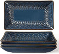 Artena Appetizer Plates Set of 4, 8.25" Embossed Ceramic Rectangular Dessert Plates, Deep Lipped Edges, Microwave & Dishwasher Safe, Salad Sushi Snack Serving Plates (Blue, Wheat Leaf) by Artena