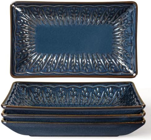 Artena Appetizer Plates Set of 4, 8.25" Embossed Ceramic Rectangular Dessert Plates, Deep Lipped Edges, Microwave & Dishwasher Safe, Salad Sushi Snack Serving Plates (Blue, Wheat Leaf) by Artena