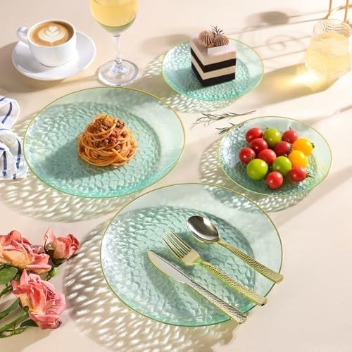 realluck 100Pcs Clear Green Plastic Plates with Gold Rim - Image 5