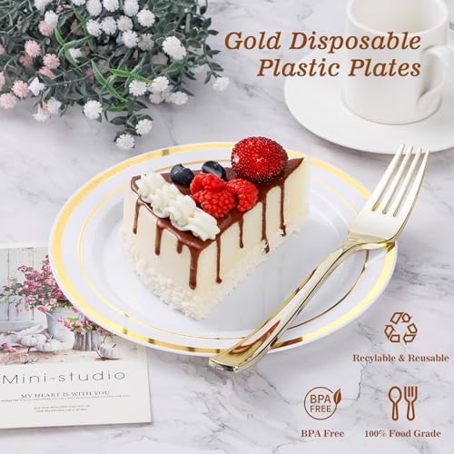 BESTVIP 200PCS Gold Plastic Plate, Disposable Party Plates with 100 Dinner Plates and 100 Dessert Plates, Plastic Plates for Party, Wedding and Birthday (Pack of 2) - Image 2