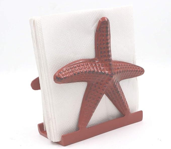 Nautical Starfish Lunch Dinner Metal Napkin Holder Kitchen Beverage Cocktail Ocean Coastal Napkin Holder By The Metal Magician (Distressed Red)