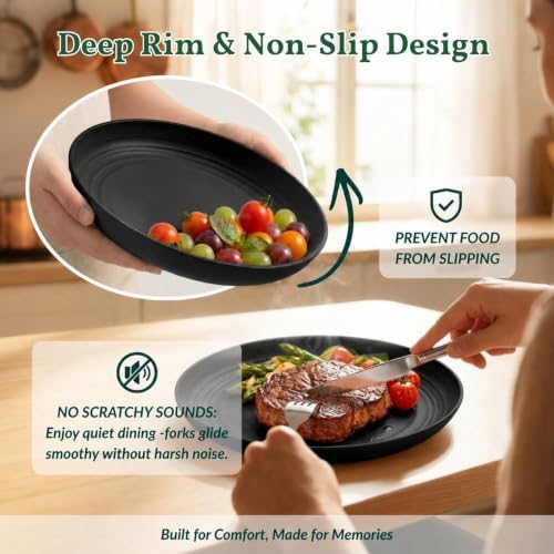 Homienly Wheat Straw Deep Plates 9 Inch Unbreakable Dinner Plates Set of 6 Reusable Plastic Plates for Salad, Bread & Butter, Breakfast, Microwave & Dishwasher Safe Camping Plates (Black) - Image 4