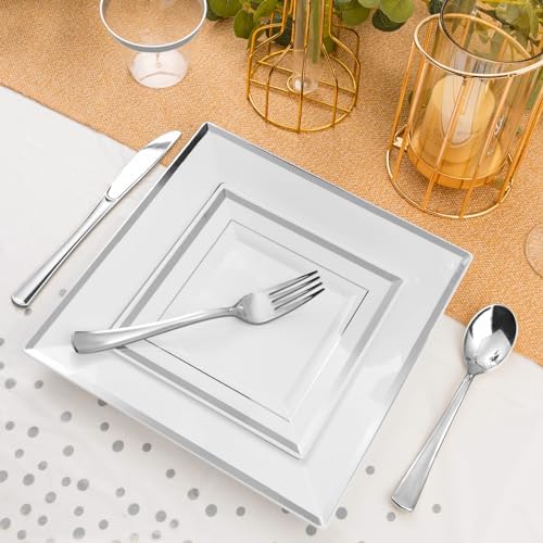 Goodluck 352Pcs Silver Square Plastic Plates with Silver Trim for 50 Guests (Pack of 3) - Image 2