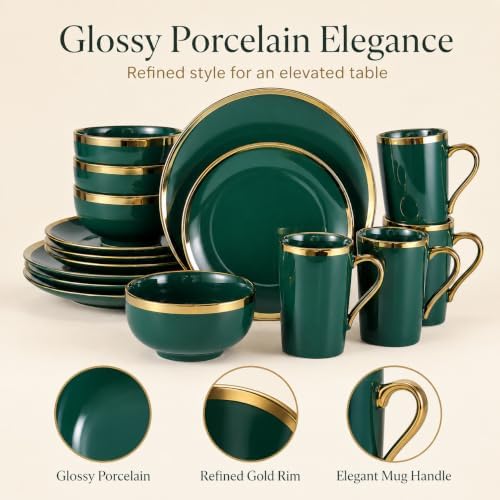 Green and Gold Dinnerware Set for 4, 16-Piece Porcelain - Image 4