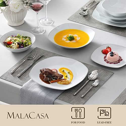 MALACASA Dinnerware Sets, 24 Piece Porcelain Square Dishes, White with Silver Rim Plates and Bowls Sets, Ceramic Dish Set for 6, Chip Resistant Dishware Sets, Series ELISA - Image 3