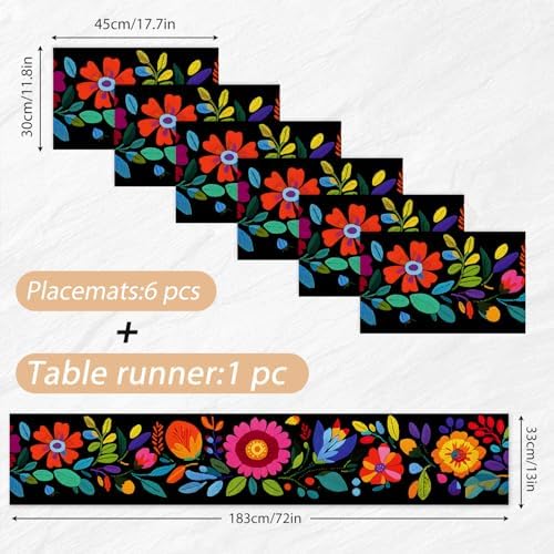 ANNA QUEEN Boho Floral Table Runner and Placemats Set of 6 – 13"x72" Table Runner & 12"x18" Placemats, Colorful Folk Embroidery Style Dining Table Decor - Image 2