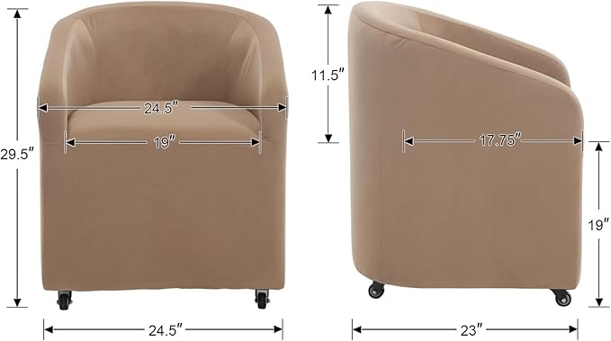Modern Barrel Dining Chair with Rolling Casters, Upholstered Velvet Swivel Dining Room Chair with Wheels for Kitchen Living Room Home Office, Khaki