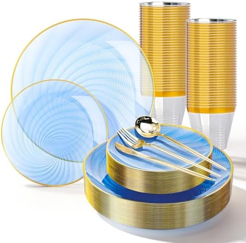 N9R 180PCS Blue and Gold Plastic Plates Disposable, Spiral Dinnerware Set by N9RTABLEWARE