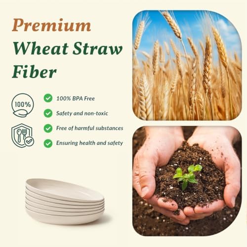 Homienly Unbreakable Salad Plates Set Wheat Straw Plates Set of 6 Lightweight Dinner Plates for Camping,RV Microwave & Dishwasher Safe Plates 9 Inch Deep Plates for Dessert, Sandwich (Beige) - Image 3