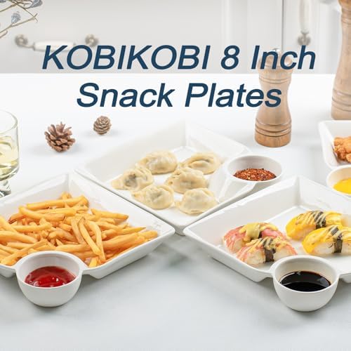 Chip and Dip Serving Platter Set of 4-8 Inch Ceramic Divided Plates with Sauce Compartment, Food-Safe Snack Plate for Dumpling, Sushi, Appetizer, Taco - White - Image 6