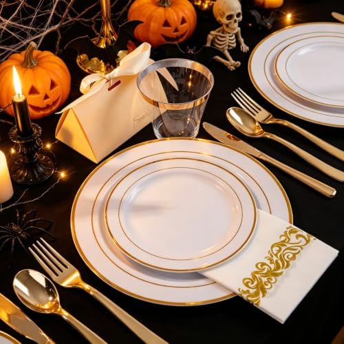WELLIFE 700 Pieces Gold Plastic Dinnerware Set for 100 Guests - Includes Plates, Cups, Napkins, and Disposable Cutlery - Elegant White & Gold Design, Perfect for Parties and Events - Image 3