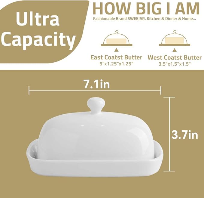 Sweejar Ceramic Butter Dish with Lid for Countertop,Porcelain Butter Keeper with Knob Handle,Butter Container for East/West Coast Butter, 7.1*3.7 inches (Turquoise)