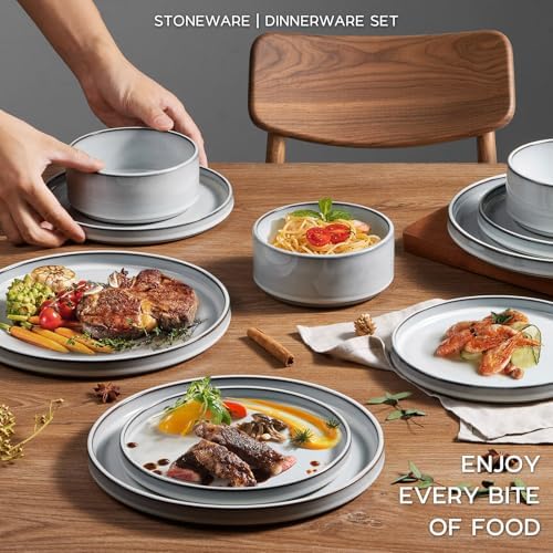 Onader Ceramic Dinnerware Sets for 6, Stoneware Plates and Bowls with Rustic Terracotta Bottom, Elegant Kitchen Dinner Dish Set, 18-Piece Dishware Tableware - Glacier White - Image 6