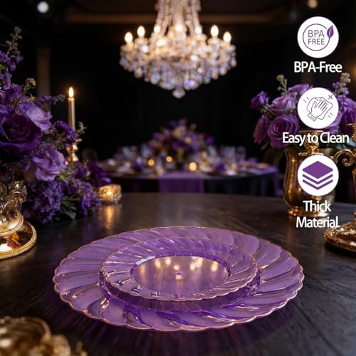 YOUBET 125PCS Clear Purple Plastic Plates with Gold Rim for Wedding - Image 2