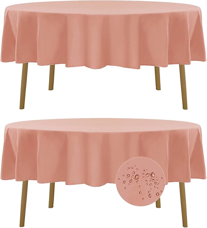 Fokitut 2 Pack Waterproof Round Tablecloth, 70 Inch, Stain Resistant and Wrinkle Polyester Table Cloth, Fabric Table Cover for Kitchen Dining, Wedding, Party, Holiday Dinner-Dusty Pink