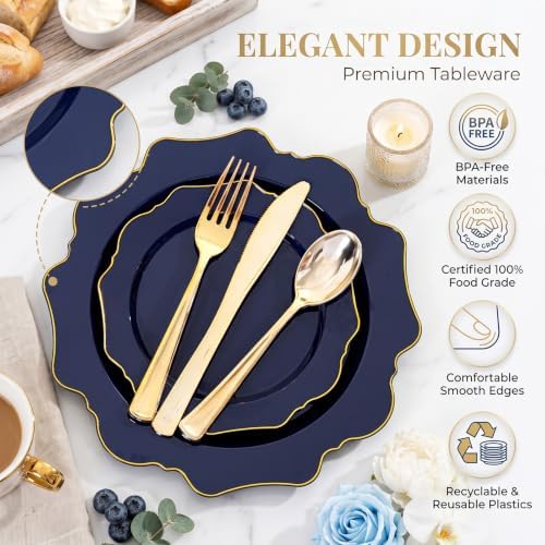 WDF 50PCS Navy Blue Disposable Plates Fancy Blue Plates with Gold for Party - Image 3