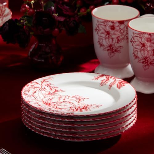 Crimson Noel SALAD/DESSERT PLATES, SETof 6 Assorted Designs — Six 8.5-inch assorted white porcelain plates in dramatic crimson toile, carrying the collection's bold botanical artistry to every course. - Image 4