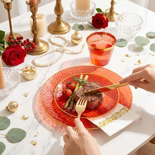 Rubtlamp 175 Pcs Plastic Dinnerware Set (25 Guests), Red And Gold Plastic Plates, Hammered Party Plates Set Include Dinner Plates, Dessert Plates, Cups, Cutlery Set And Napkins for Wedding And Party - Image 6