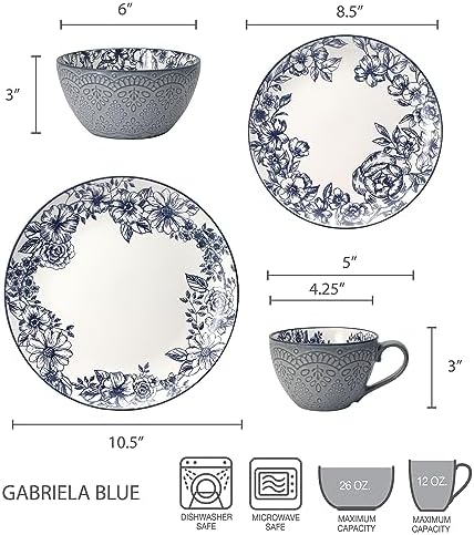 Pfaltzgraff Gabriela Blue 16-Piece Dinnerware Set, Service for 4, Durable Stoneware Plates, Bowls, and Mugs with Elegant Blue Pattern, Dishwasher Safe - Image 4