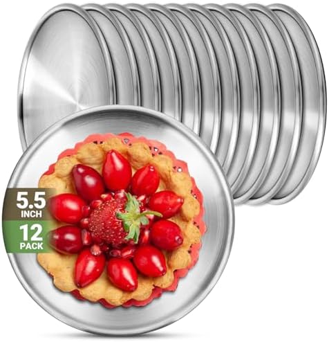 Stainless Steel Plates, 12 Pack 5.5 inch 304(18/8) Metal Food Serving Plate Set, Reusable Snack Eating Dishes Round Shatterproof Plate Silver Dinnerware for BBQ Dinner Oven Dishwasher Safe by Offiper