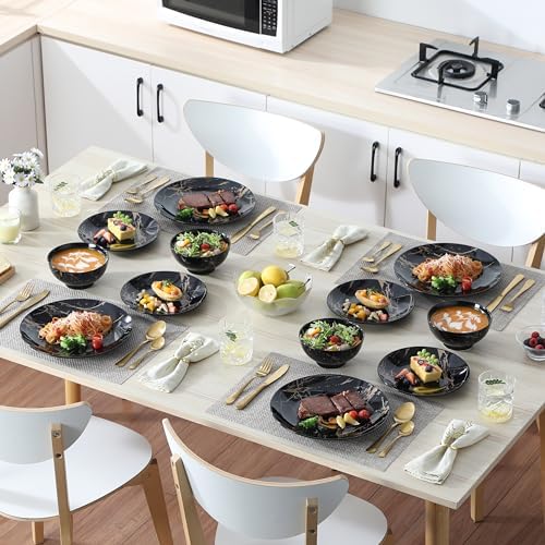 LOVECASA Plates and Bowls Sets for 4, 12 Pieces Porcelain Dinnerware Sets, Black and Gold Dish Set Gold Splash Dishware Sets, Dishwasher Microwave Safe - Image 6