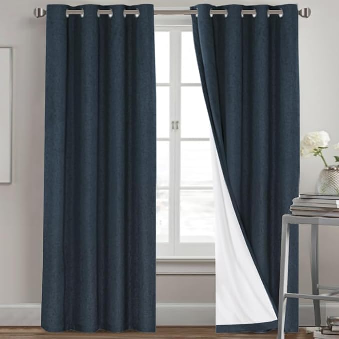 PrinceDeco Navy Blue 100% Blackout Linen Curtains 90 Inch Long, Thick Faux Linen Fabric Room Darkening Curtains & Drapes for Bedroom/Living Room Thermal Insulated with White Liner,52 x 90 Inch