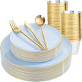 bUCLA 150PCS Blue Plastic Plates - Light Blue and Gold Disposable Include 25 Each (Dinner & Dessert) Plates, 25 Knives, 25 Forks, 25 Spoons and 25 Cups, Ideal for Party, Birthday & Wedding by BUCLA
