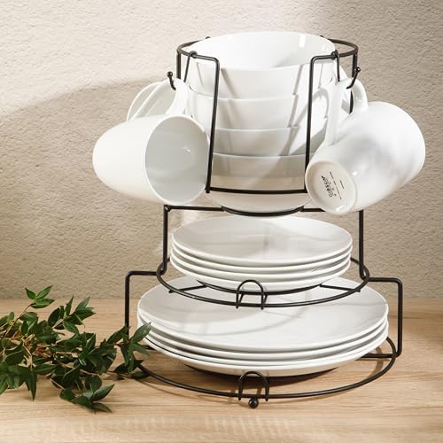 Gibson Home Summit View 17-Piece Porcelain Plates and Bowls Set W/Metal Rack - Plates, Bowls & Mugs Dinnerware Set for 4 - White - Image 3