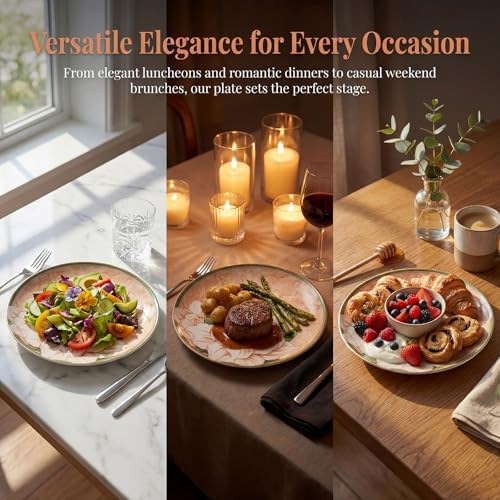 Elegant Camellia Ceramic Dinner Plates, Set of 6, 10.25-Inch Large Serving Plates for Kitchen, Microwave, Oven & Dishwasher Safe - Image 4