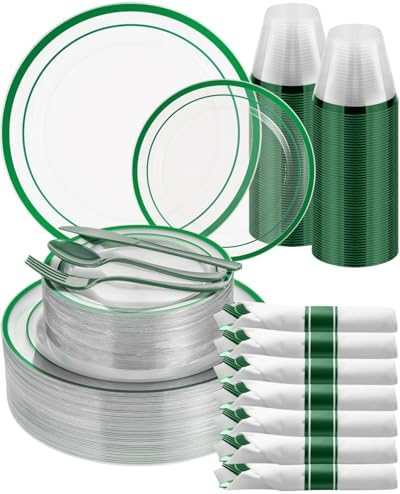 Goodluck 350 Pcs Clear Green Disposable Plastic Plates, Dinnerware Sets by GoodLuck