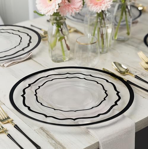 PLASTICPRO 128 Pack Elegant Disposable Plastic Plates Combo Set Bulk Pack Includes 64 Dinner Plates and 64 Salad Plates Heavy Duty Fancy Party Plates Clear with Black Contemporary Design - Image 4
