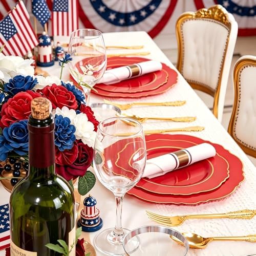 Liacere 175PCS Red Plastic Plates - Red Disposable Plates With Gold Rim -25Guest Baroque Plastic Dinnerware include 50Plates-25Pack Pre Rolled Napkins with Silverware 25Cups for Independence Day - Image 2