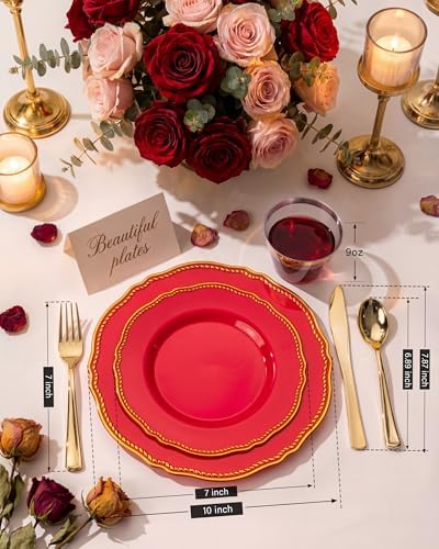 Hioasis 175 Pcs Red Gold Plastic Plates Wedding & Party - Image 2