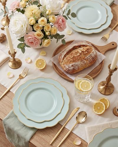 bUCLA 180PCS Green Plastic Plates - Disposable Sage Green with Gold Rim - Include 30 (Dinner & Dessert) Plates, 30 Knives, 30 Forks, 30 Spoons and 30 Cups for Party, Spring & Shower - Image 4