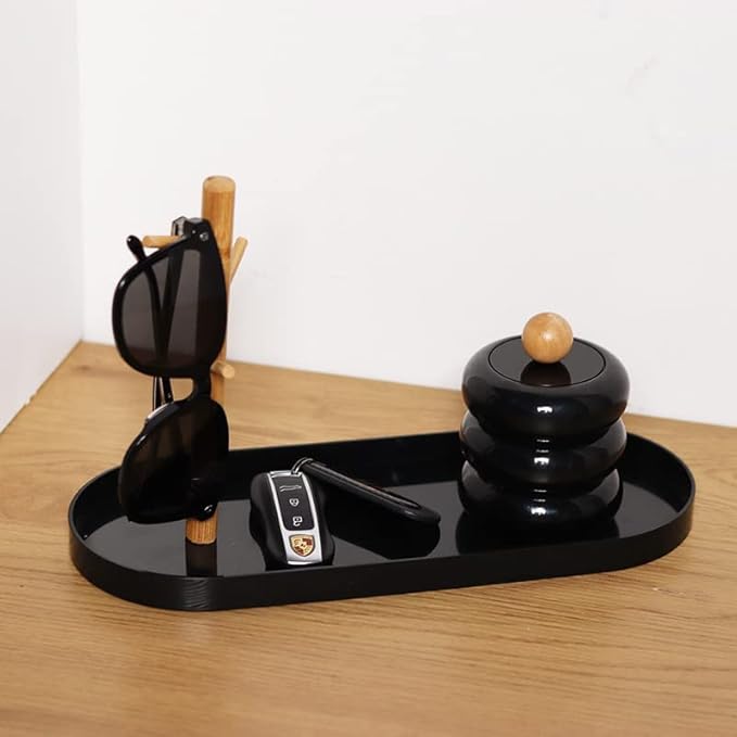 Shinpuru Key Tray & Key Bowl, Jewelry Tray with Wood 3-Tier Hanging Organizer - Multi-Functional Entryway Tray, Perfect for Key Bowl, Ring Holder, Jewelry Dish Organize (Black Oval)
