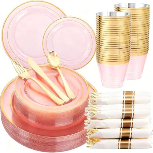 WELLIFE 210Pcs Clear-Pink Plastic Dinnerware- Pink and Gold Plastic Dinnerware include 30 Dinner Plates, 30 Dessert Plates, 90 Gold Silverware, 30 Cups and 30 Napkins Perfect for Parties by WELLIFE