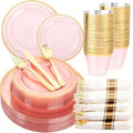 WELLIFE 350Pcs Clear-Pink Plastic Dinnerware- Pink and Gold Plastic Dinnerware include 50 Dinner Plates, 50 Dessert Plates, 150 Gold Silverware, 50 Cups and 50 Napkins Perfect for Parties by WELLIFE