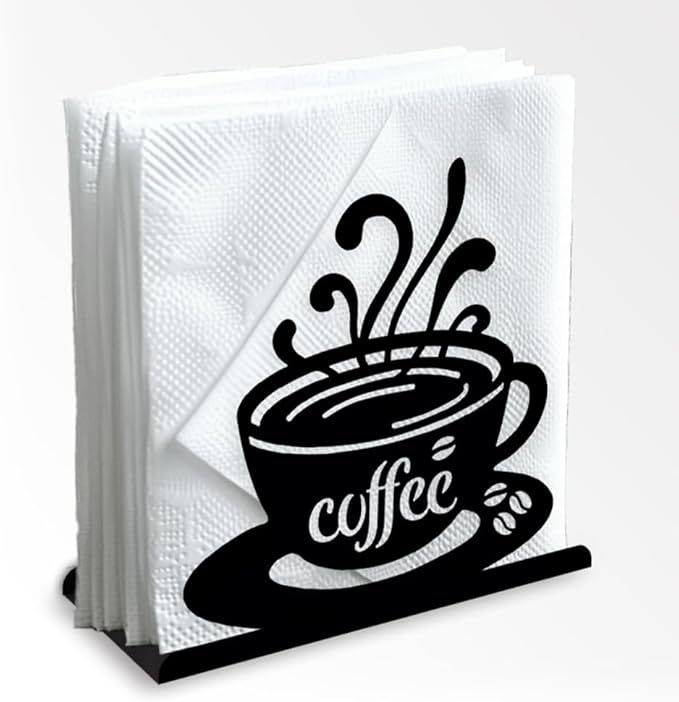 Coffee Cup Decorative Black Metal Napkin Holder for Cafe Bar Table, 4.9" x 4.9" x 1.9" Standing Napkin Holder for Home Kitchen Restaurant Picnic Party Coffee Bar Dining Room