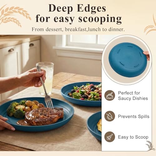 Deep Dinner Plates 11 Inch, Plastic Plates Reusable, Unbreakable Wheat Straw Plates Set of 8, Microwave and Dishwasher Safe Big Plate for Steak, Chicken, Casserole - Blue - Image 5