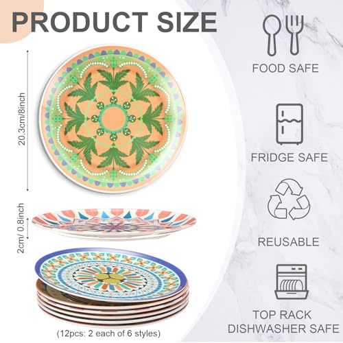12 Pcs 8 Inch Bohemian Plastic Serving Plates, Colorful - Image 2