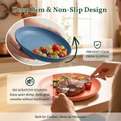 Homienly Wheat Straw Plates Unbreakable Deep Plates Set of 6 Microwave and Dishwasher Safe Bread & Butter Plates for Salad, Dinner Reuable Plastic Plates for Kitchen, Camping, RV (9 Inch, Multi) - Image 4