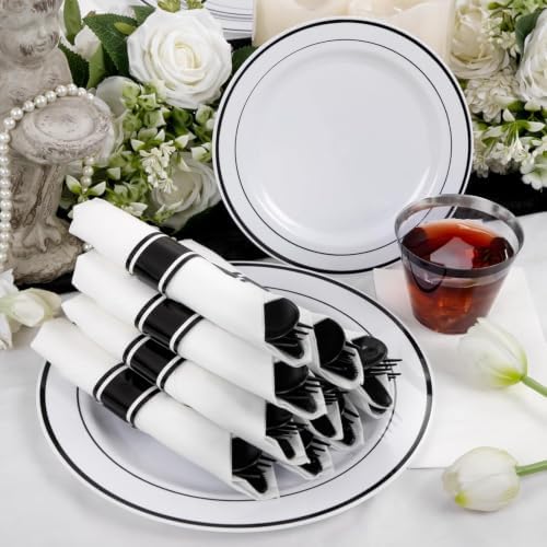 WELLIFE 350Pcs Black Plastic Dinnerware with Pre Rolled Napkins, Include:50 Dinner Plates, 50 Dessert Plates, 50 Paper Napkins, 50 Cups, 150 Plastic Cutlery - Image 3