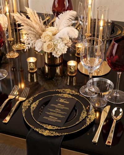 Nervure 600Pcs Black Plastic Plates, Plastic Dinnerware Set for 100 Guests - Image 2