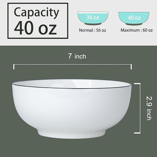 40 oz Large Soup, Ramen, Pho, Noodle, and Salad Bowl Set of 4, Rimmed 7 in White Ceramic Bowls, Versatile & Microwave Safe