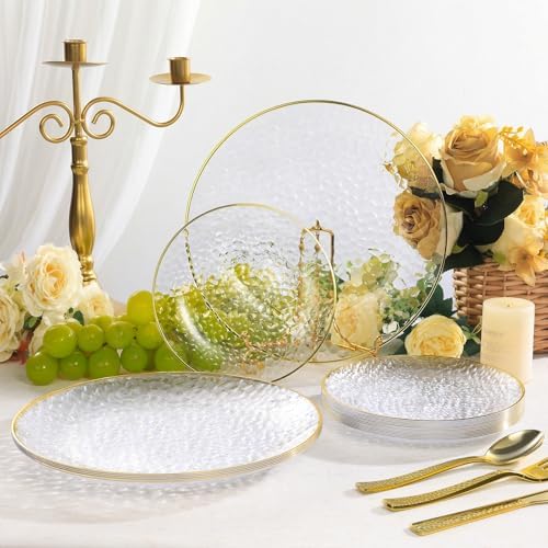 realluck 100Pcs Clear and Gold Rim Hammered Disposable Plastic Plates - Image 4