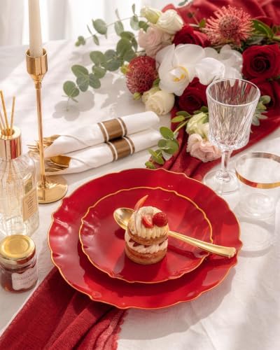 bUCLA 175PCS Red Plastic Plates - 25 Guests Gold Rim for Party, Wedding - Image 5