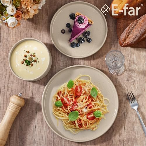 E-far 6-Piece Stoneware Dinnerware Sets, Plates and Bowls Set for 2, Khaki - Image 6