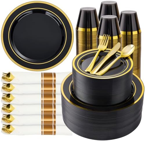 BESTVIP 700 Piece Black Gold Plastic Dinnerware Set for 100 Guests by Bestvip